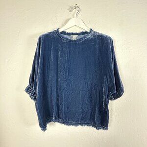 Sundance Womens Alannah Velvet Top PXXS Blue 3/4 Sleeve Fringe Silk Blend NWOT